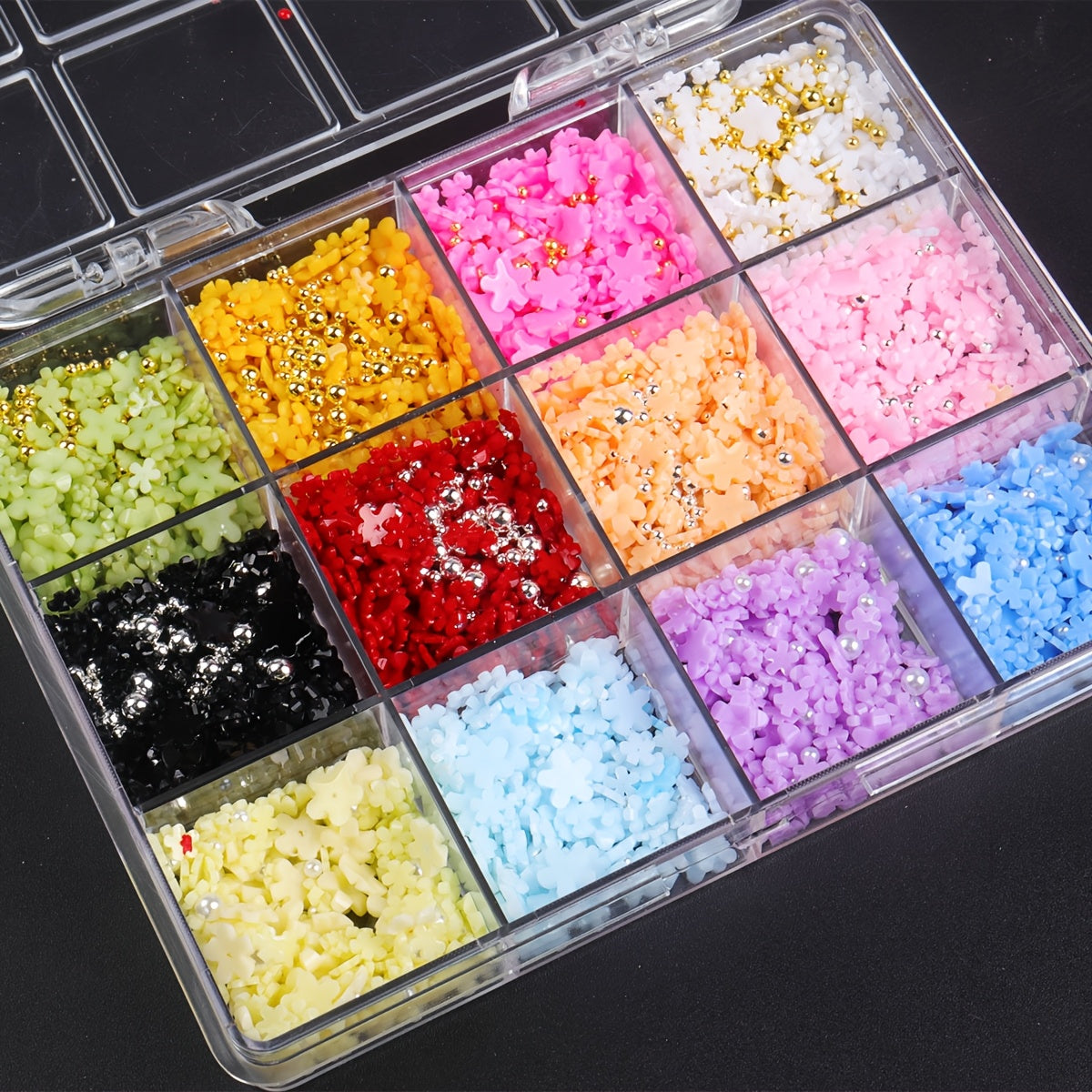 1500pcs Y2K Style Nail Art Charm Set, Featuring 3D Resin Flowers, Golden And Silvery Caviar Beads, Pearls, Hypoallergenic, Unscented, for DIY Finger Trimming And Nail Design Decoration.